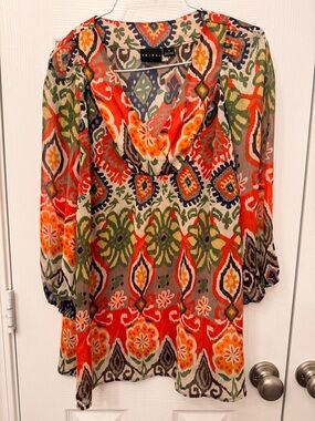 Tribal Multicolor Ikat Blouse with Orange and Navy Accents